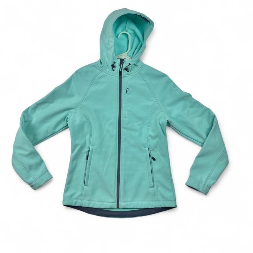Kirkland Signature Womens Aqua Blue Softshell Hooded Jacket Small Outdoor Hiking